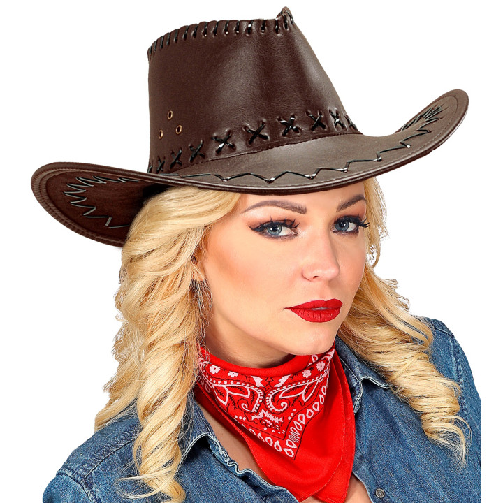 Leather look cowboy hat with decorative stitching, brown