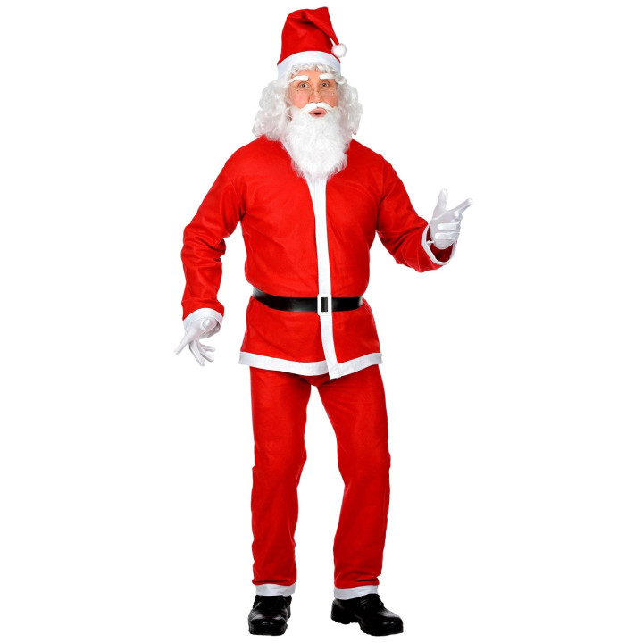 Santa Claus costume with jacket, pants, belt, hat, and beard, red
