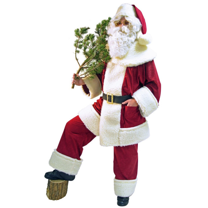 Santa Claus costume with jacket, pants, hat, and belt, red