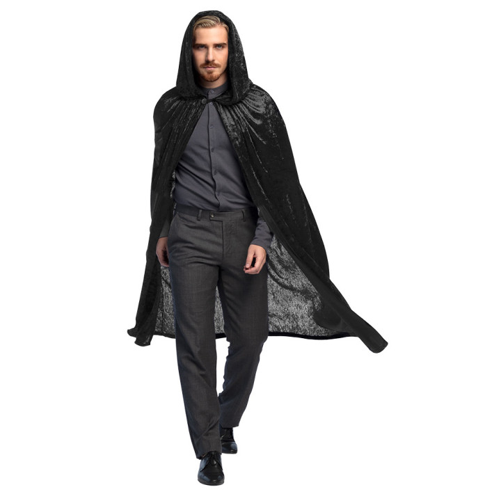 Cape avec capuche en velours, unisexe, 170 cm, noir