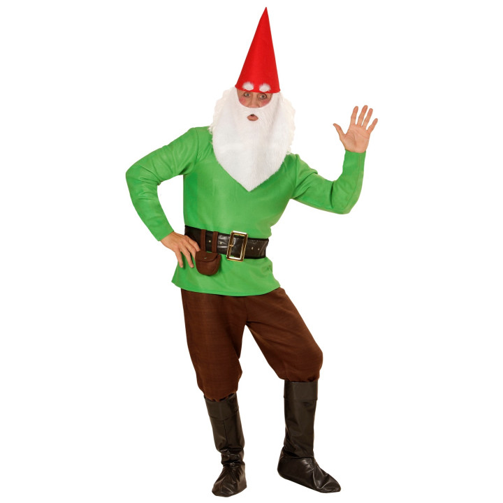 Déguisement de nain vert: Manteau, pantalon, ceinture, couvre-bottes, chapeau, barbe, vert